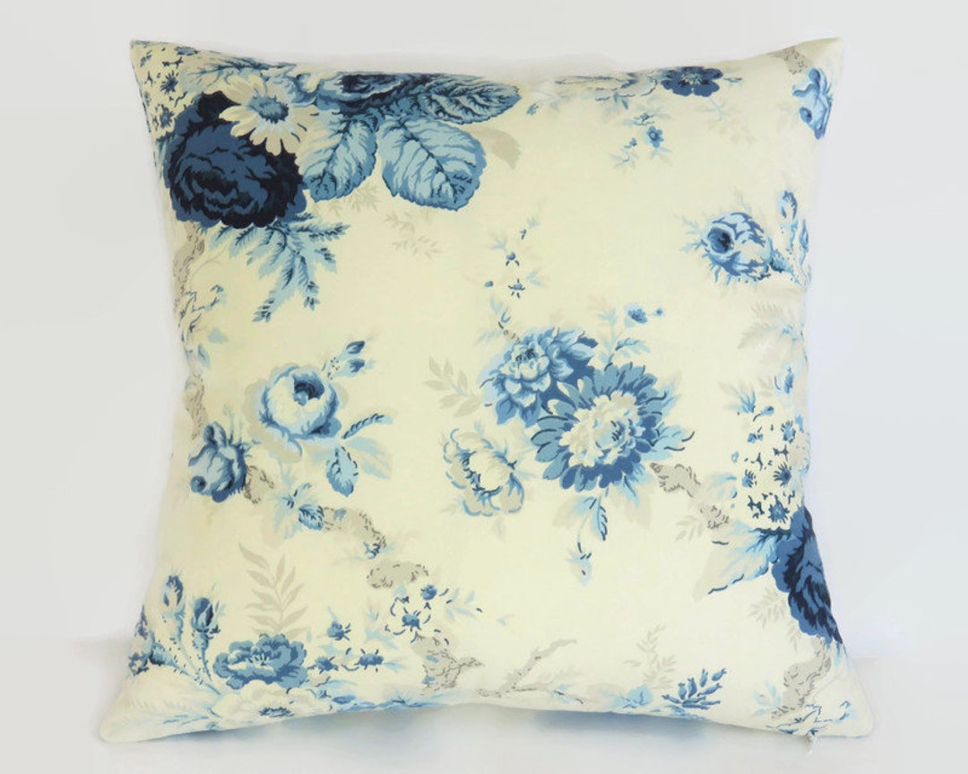 Waverly Blue Rose Pillow Cover 17 Square Cotton Etsy