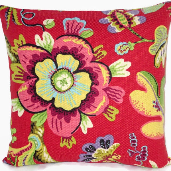 Red Fantasy Floral Throw Pillow Cover, Braemore Wonderland, 17" Square Mod Colorful, Green Aqua Pink Yellow