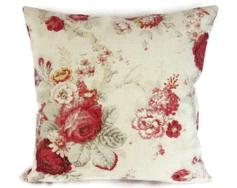 Waverly Norfolk Rose Pillow Cover, 17" Square, Farmhouse Floral in Cream, Red, Pink Shabby Roses