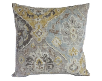 Grey, Gold, Blue Ogee Medallion Pillow Cover, Covington Hathaway in Fog, 17" - 18" Sq. Cotton