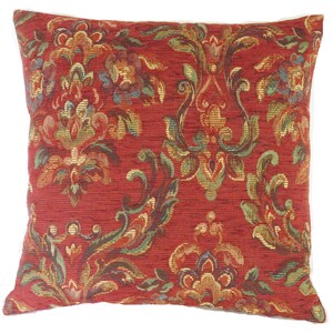 Rust Red, Gold, & Blue Scroll Tapestry Pillow Cover, 17" Square, Colorful Florentine Motif with Flowers