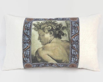 Classical Man Pillow Cover, 13 x 22" Linen, Oblong Lumbar Rectangle, Cream w/ Ochre Sepia Blue Terracotta, Renaissance Old Master Art  (E)