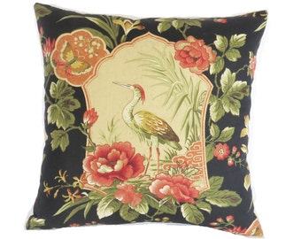 Asian Crane Pillow Cover, 17 - 18" Square, Richloom Sapporo in Black, Coral, Green Tones