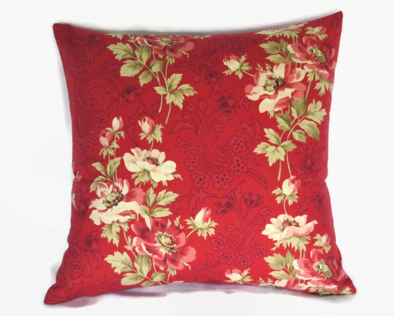 Retro Red Floral Pillow Cover 17 18 Lightweight Etsy