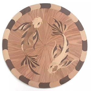 Wood Floor Medallion &quot; Two Koi Fish &quot; 24&quot; Diameter x 3/4&quot;Thk- Oak Walnut Maple