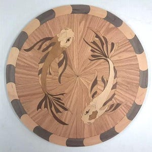Wood Floor Medallion &quot; Two Koi Fish &quot; 18&quot; Diameter x 3/4&quot;Thk- Oak Walnut Maple