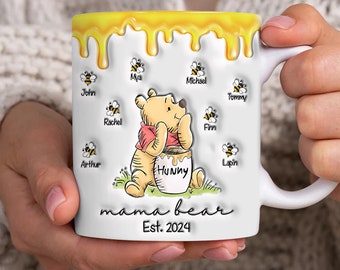 Taza personalizada con efecto inflado 3D de Mama Bear, taza personalizada para mamá, taza de café para mamá, taza del día de la madre para mamá abuela, regalo para mamá, agregar nombres personalizados