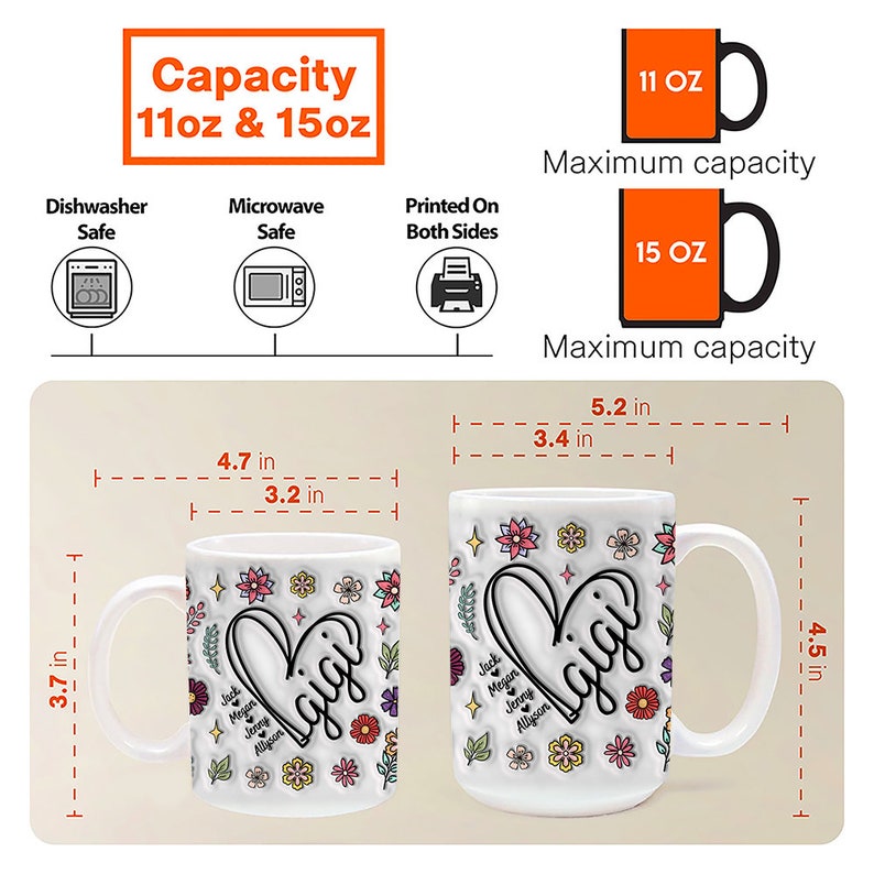 Custom Gigi Heart Line 3D Inflated Effect Mug, Grandma Floral Mug, Gigi ...