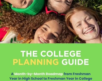 Puede incluir: Imagen de cuatro personas sonriendo tumbadas en la hierba, con las cabezas juntas. El texto "THE COLLEGE PLANNING GUIDE" se muestra en blanco y amarillo, con el subtítulo "A Month-by-Month Roadmap from Freshman Year in High School to Freshman Year in College."