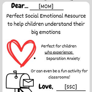 Puede incluir: Un papel blanco con el texto "The Missing You Mailbox" y "Perfect Social Emotional Resource". Incluye un corazón rojo, una ilustración de buzón y las palabras "Dear... [MOM]" y "Love, [ssc]" para niños con ansiedad por separación.