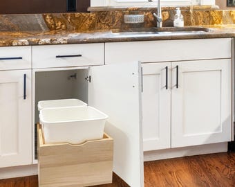 Soft Close Pull-Out Trash Can: White Wooden Drawer, Dual 45 Quart Bins