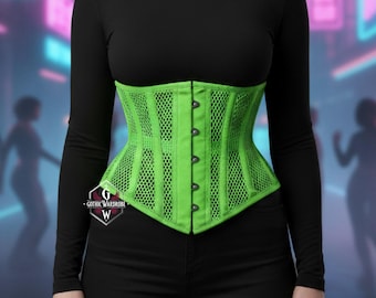 Neongrön mesh underbystkorsett – ventilerande midjebandage, festivalrave-outfitkorsett, cyberpunk alternativt mode-midjebälte
