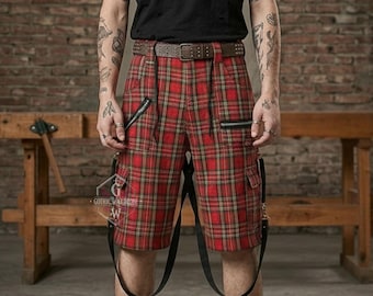 Bermuda cargo xadrez tartan vermelha | Estilo Harajuku punk streetwear | Bermuda com cordão na cintura e zíperes | Calça unissex para festivais e verão