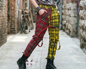 Harajuku Karierte Punk Hose, zweifarbige Tartan Riemenhose mit Reißverschlüssen, Gothic Alt Streetwear Unisex Festival Hose