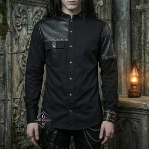 Gothic Shirt Men | Black Leather Panel Studded Military Snap Button Top | Steampunk Dark Academia Mens Goth Punk Collared