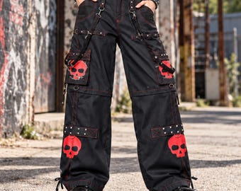 Pantalon cargo Black Deathrock | Pantalon gothique à tête de mort | Pantalon punk à jambes larges | Vêtements streetwear alternatifs amples | Tenue de scène rock unisexe