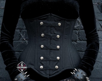 Black Cotton Double Steel Boned Underbust Corset, Gothic Waist Cincher Belt, Punk Alternative Waist Training Shapewear for Women