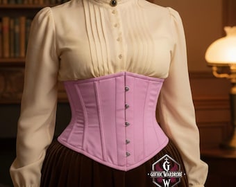 Pink Underbust Corset | Steel Boned Cotton Waist Trainer | Victorian Style Cincher Over Clothes Corsetry
