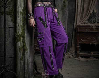 パープルゴシックカーゴパンツ、パンクジップオフコンバーチブルパンツ、オルタナティブレイブフェスティバルボトムス、ハイウエストプラスサイズカスタムワイドレッグパンツ