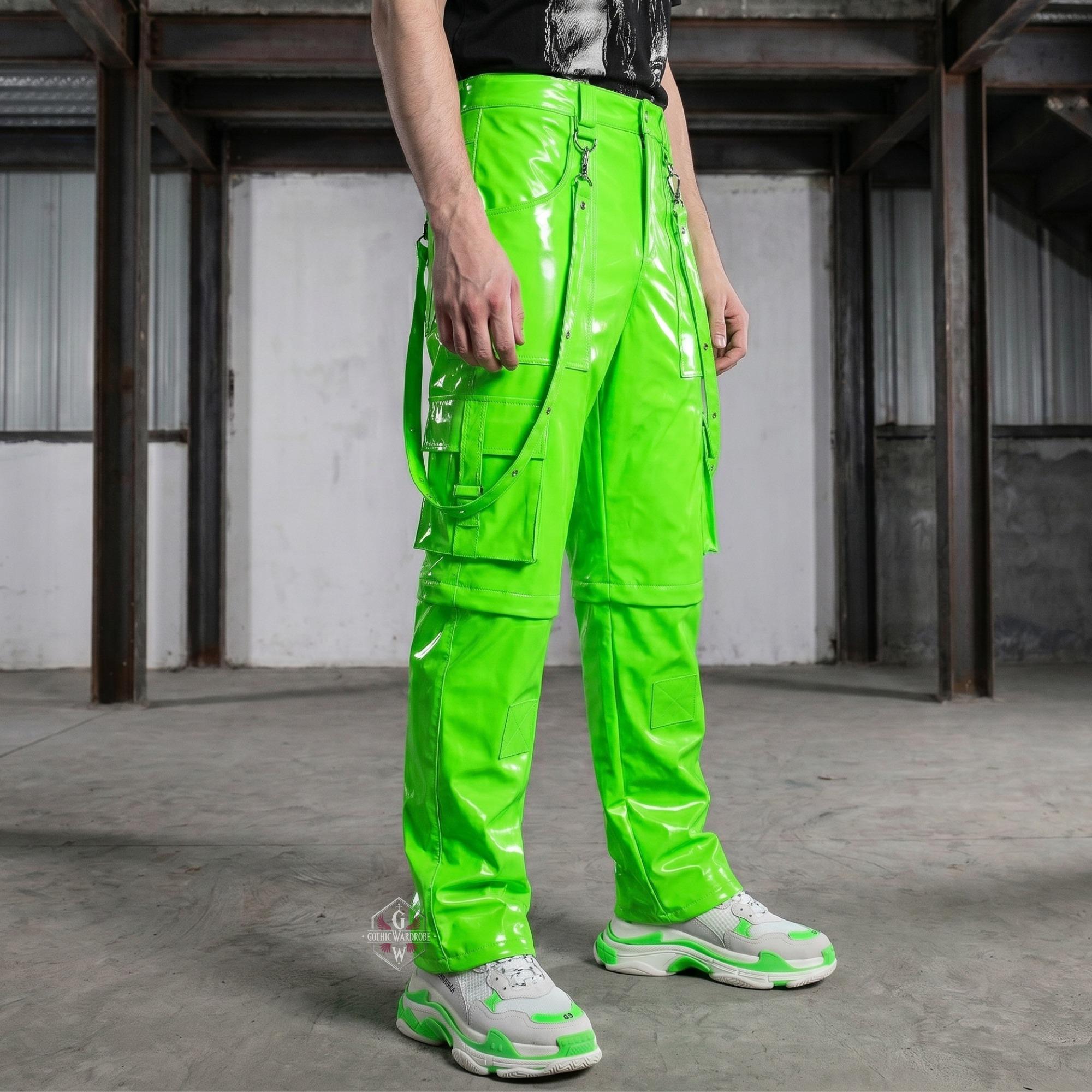Green Rave Pvc Pants Unisex Vinyl Leather, Neon Festival Cargo