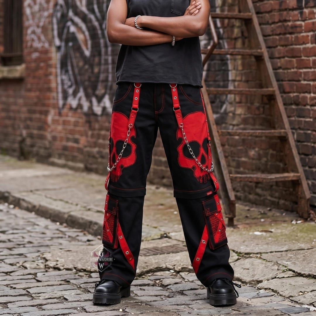 Black Skull Cargo Pants Wide Leg Gothic | Red Harness Chain
