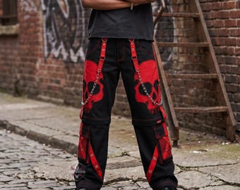 Black Skull Cargo Trousers Wide Leg | Darkwave Punk Zip Off Shorts | Red Harness Chain Stud Hardware | Nu Goth Streetwear | Grunge Rave Wear