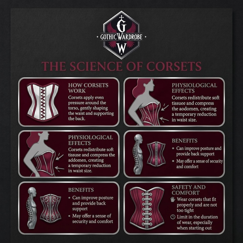 May include: An infographic from Gothic Wardrobe detailing the science of corsets. The burgundy and white graphic explains how corsets work, their physiological effects, benefits, and safety tips. Includes illustrations of corsets and the human form.