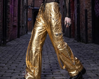 Gold Metallic Unisex Rave Cargohose | Futuristische Cyberpunk Festival Streetwear Hosen | Baggy Shiny Liquid Chrom Industrie Hose