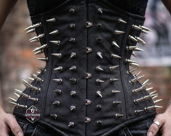 Spiked Underbust Corset Black Canvas | Gothic Punk Waist Cincher with Silver Cone Studs | Edgy Alternative Festival Wear Body Armor Belt
