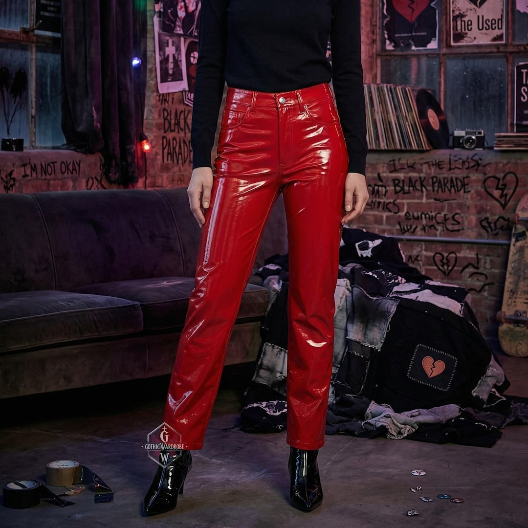 Red Patent Leather PVC Pants Unisex | Wet Look Vinyl Slim Fit Trousers ...
