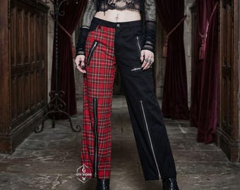 Black Gothic Plaid Pants unisex | Punk Rock Tartan Trousers | Alt Fashion Grunge Clothing | High Waist Red Plaid Cargo Pants | Egirl Style