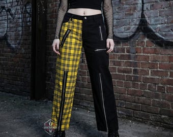 Unisex Yellow Plaid Split Leg Gothic Pants, Tartan Checkered Cargo Trouser, Emo Punk Alternative Streetwear, Two Tone Grunge, Wide Leg Goth