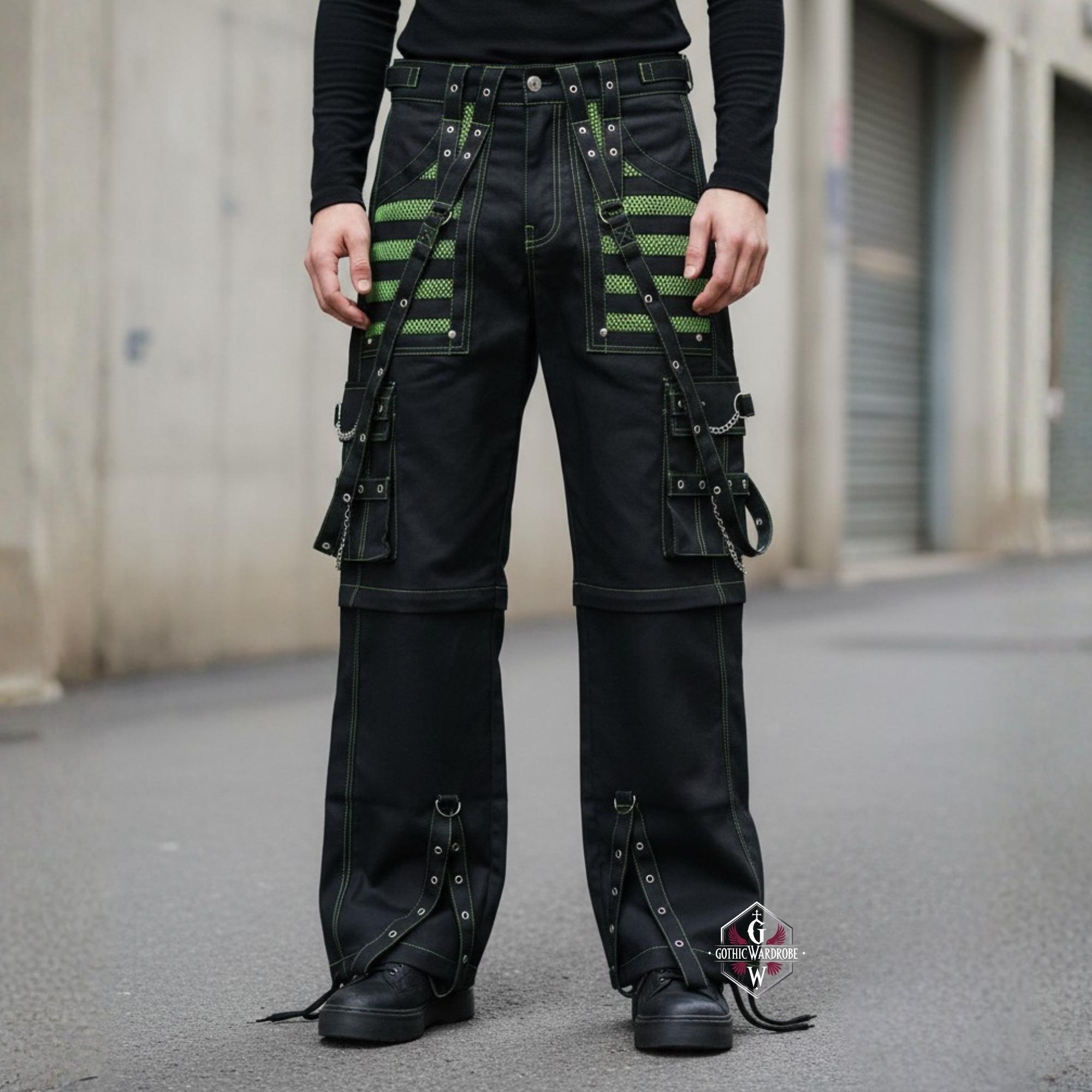 Black Cargo Festival Pants, Bondage Strap Trousers With Chains