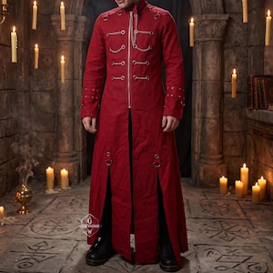 Red Goth Trench Coat | Vampire Metal Chain Duster | Cyberpunk Military Jacket | Mens Alt Overcoat | Darkwave Gothic Steampunk Outerwear