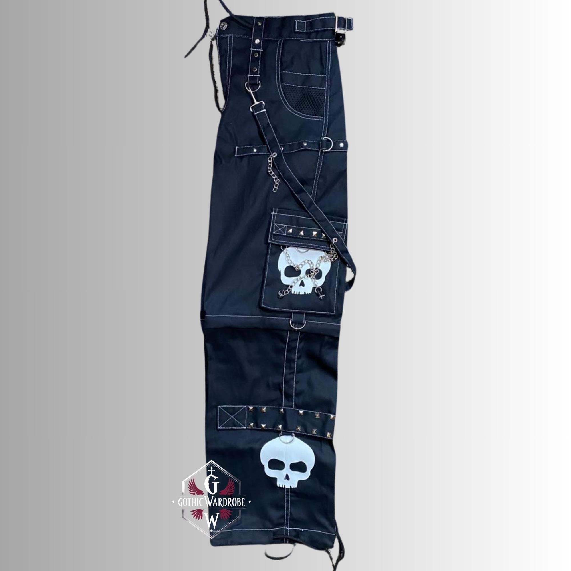Gothic Skull Cargo Pants, Black Bondage Trousers, Industrial Punk