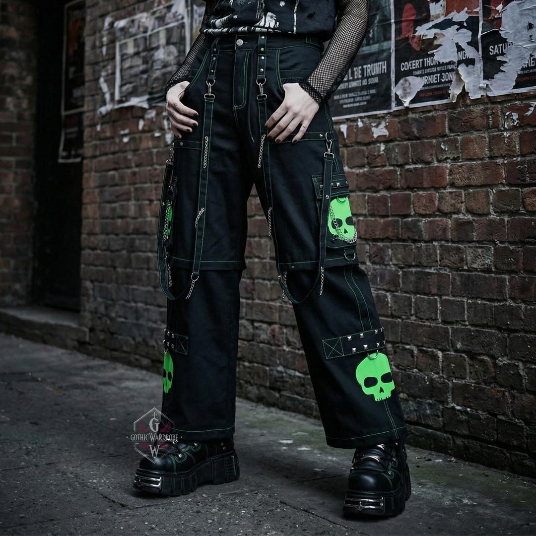 Black Gothic Cargo Pants With Green Skull Print & Chains