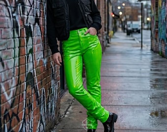 Neon Grün Vegan Leder Gothic Hose unisex | High Waist Slim Fit PVC Hose | Cyberpunk Alt Mode | Festival Rave Clubwear Slim Fit