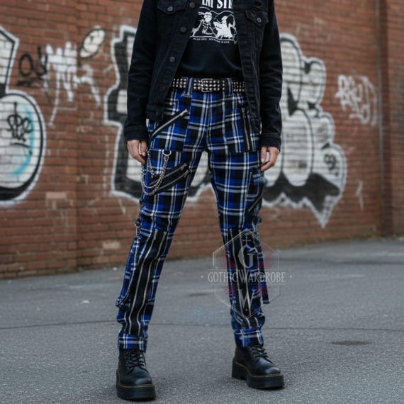 Blue Tartan Punk Pants, Plaid Gothic Trousers, Alternative Rock Bottoms, Visual Kei Streetwear, Emo Grunge Clothing