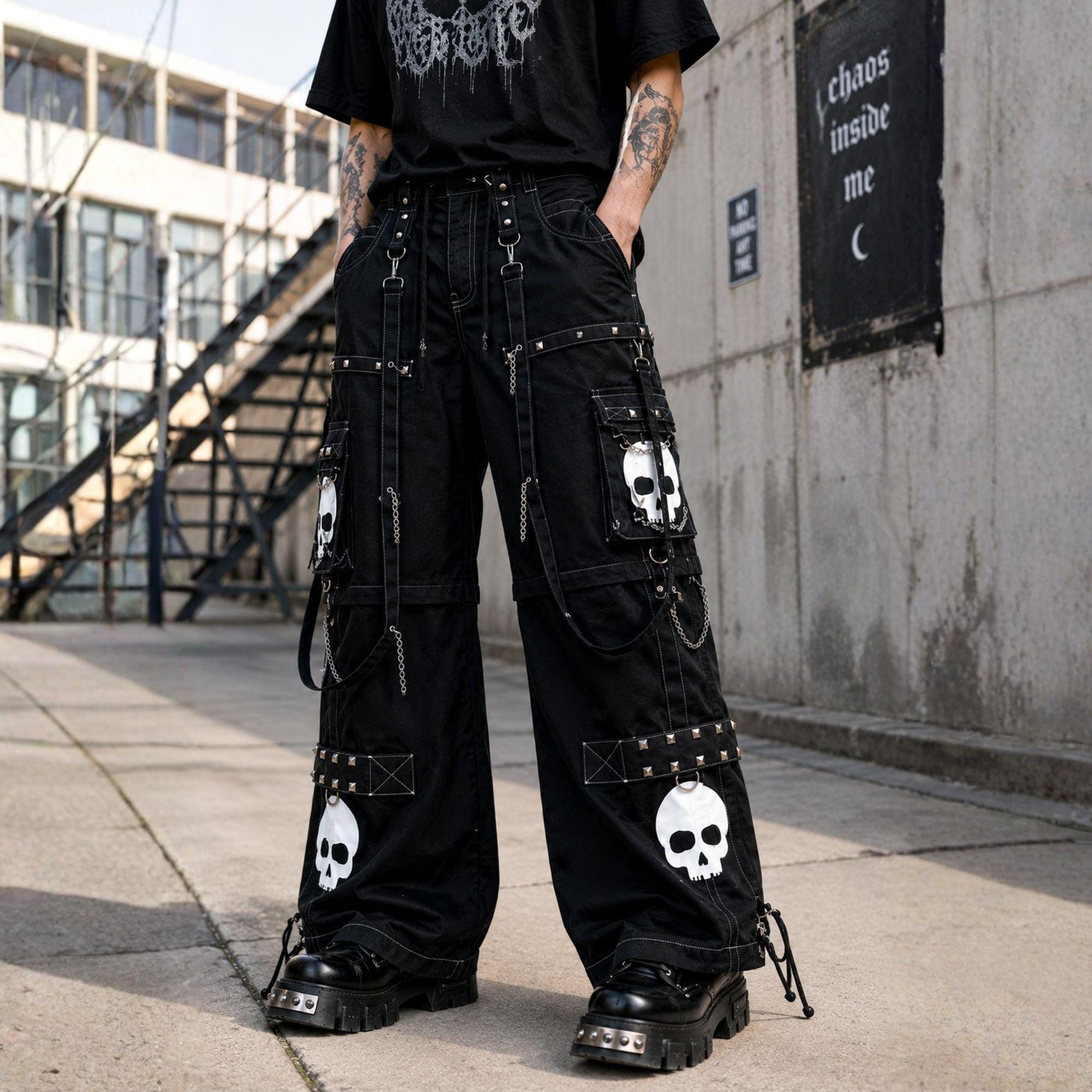 Gothic Skull Cargo Pants, Black Bondage Trousers, Industrial Punk