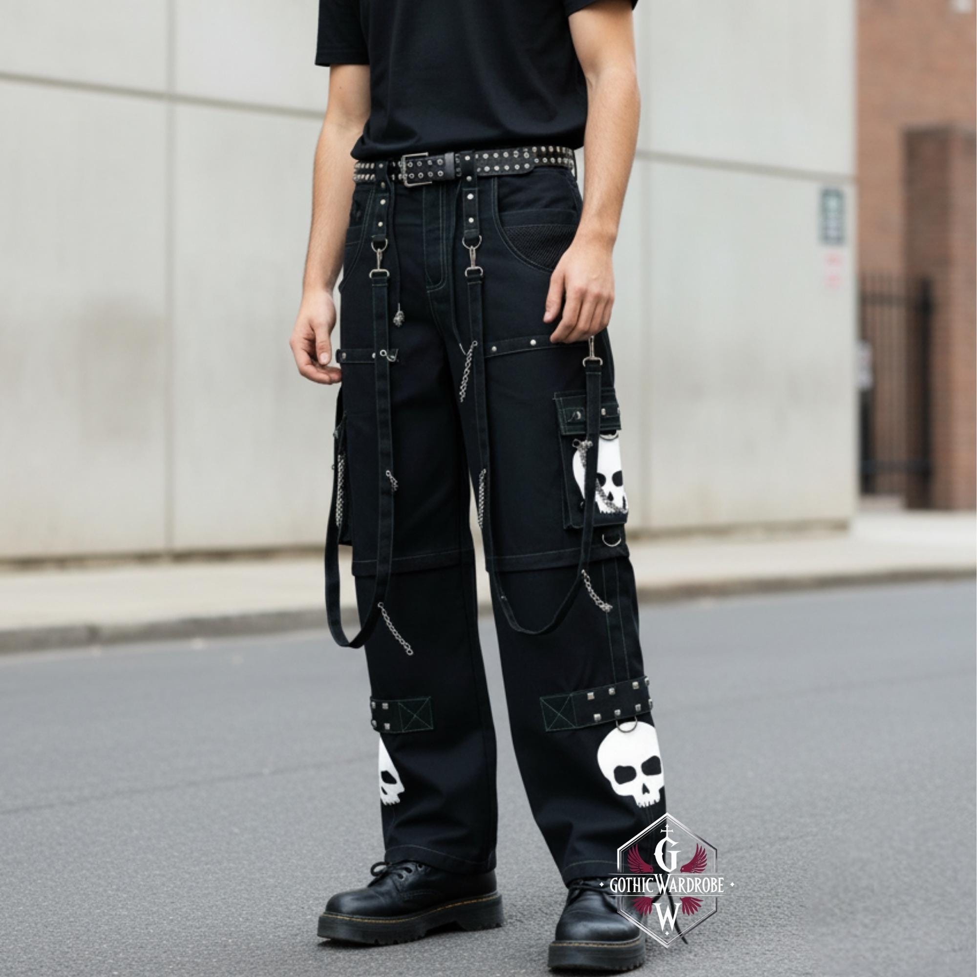 Black Skull Cargo Pants – Gothic Punk Rave Pants With Straps