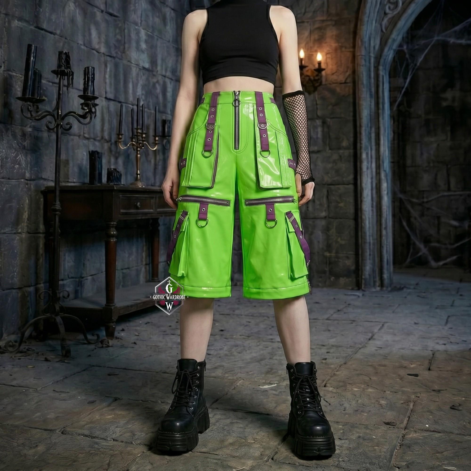 Neon Green PVC Bondage Cargo Pants | Cyberpunk Techwear Buckle