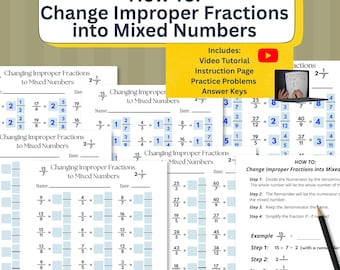 Changing Improper Fractions to Mixed Numbers | Step-by-Step Guide | Video Tutorial | Printable PDF