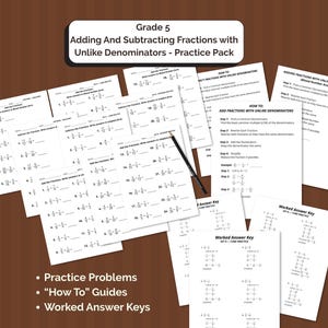 5th Grade Fraction Addition & Subtraction Worksheets (Unlike Denominators) | Answer Keys | PDF Printable
