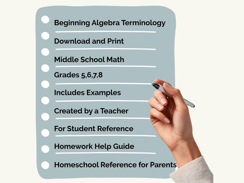 以下が含まれることがあります： 「代数入門用語」、「ダウンロードして印刷」などの教育トピックが白字で記載された水色のグラフィック。 手がペンを持ち、グラフィックに書き込む準備をしています。 グラフィックは、中学校の数学、5、6、7、8年生向けです。