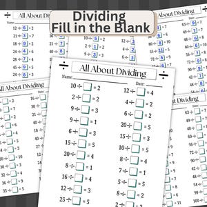 Może przedstawiać: Zbiór białych arkuszy z zadaniami z dzielenia, zatytułowanych "All About Dividing" i "Dividing Fill in the Blank." Każdy arkusz zawiera zadania matematyczne z pustymi polami na odpowiedzi. Arkusze przeznaczone do celów edukacyjnych.