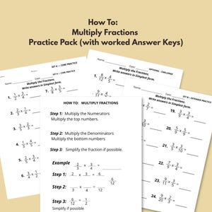 Paquete de práctica de multiplicación de fracciones / Guía paso a paso con soluciones resueltas / PDF imprimible