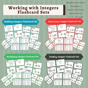 May include: Educational flashcard sets for middle school maths, covering pre-algebra and algebra readiness. Topics include adding, subtracting, multiplying, and dividing integers. Each set includes problems and answer keys for years 6, 7, and 8.