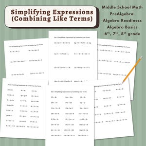 Simplifying Expressions Worksheets: Combining Like Terms, Middle School Math, PreAlgebra, PDF