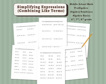 Simplifying Expressions Worksheets: Combining Like Terms, Middle School Math, PreAlgebra, PDF