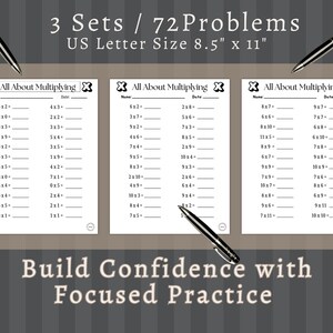 May include: Three sets of multiplication worksheets, each with the title "All About Multiplying." The worksheets are US Letter size, 8.5" x 11", and feature 72 problems. The text "Build Confidence with Focused Practice" is also visible.